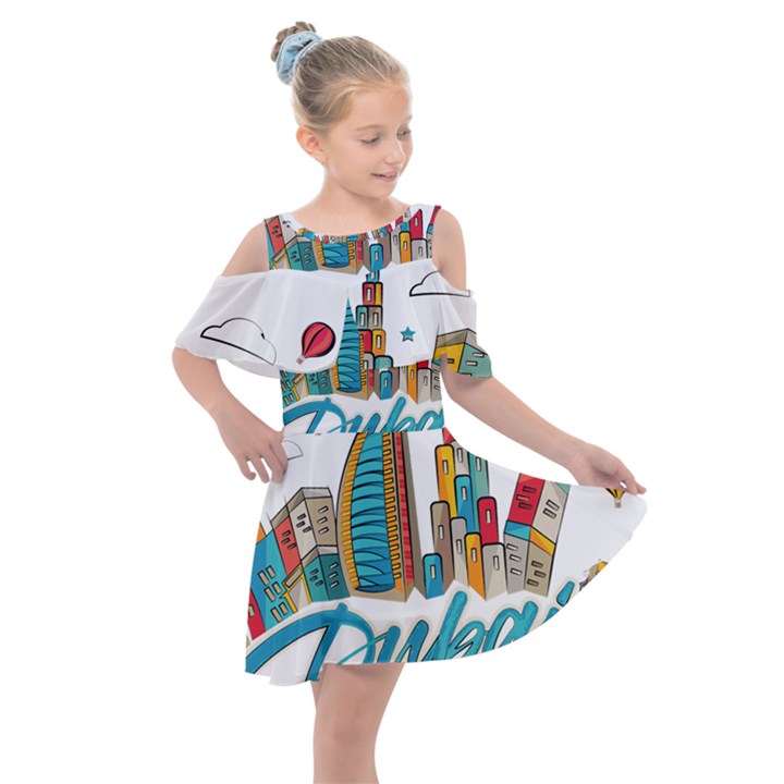 Burj Khalifa Skyline Clip Art Drawing Comic World Kids  Shoulder Cutout Chiffon Dress