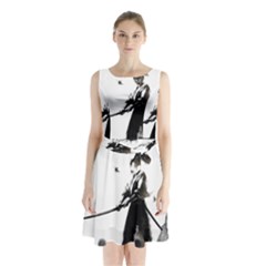 Japan Samurai Drawing   Warrior Sleeveless Waist Tie Chiffon Dress