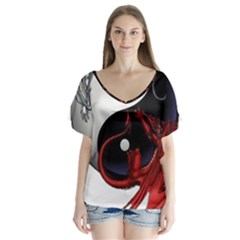 Yin And Yang Chinese Dragon V-neck Flutter Sleeve Top by Sudhe