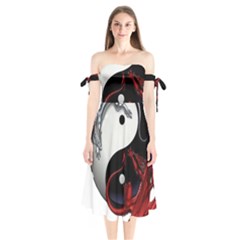 Yin And Yang Chinese Dragon Shoulder Tie Bardot Midi Dress by Sudhe