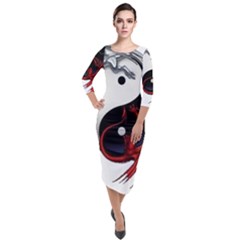 Yin And Yang Chinese Dragon Quarter Sleeve Midi Velour Bodycon Dress by Sudhe