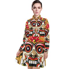 Bali Barong Mask Euclidean Vector Chiefs Face Long Sleeve Chiffon Shirt Dress by Sudhe