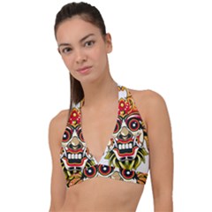 Bali Barong Mask Euclidean Vector Chiefs Face Halter Plunge Bikini Top by Sudhe