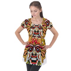 Bali Barong Mask Euclidean Vector Chiefs Face Puff Sleeve Tunic Top by Sudhe