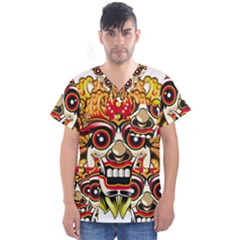 Bali Barong Mask Euclidean Vector Chiefs Face Men s V-neck Scrub Top