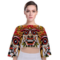 Bali Barong Mask Euclidean Vector Chiefs Face Tie Back Butterfly Sleeve Chiffon Top by Sudhe