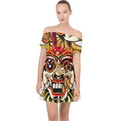 Bali Barong Mask Euclidean Vector Chiefs Face Off Shoulder Chiffon Dress by Sudhe