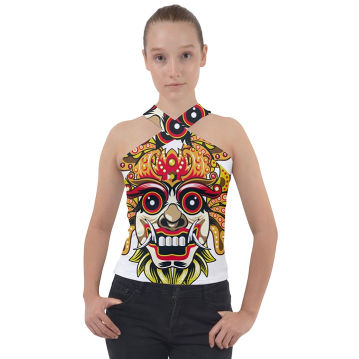 Bali Barong Mask Euclidean Vector Chiefs Face Cross Neck Velour Top