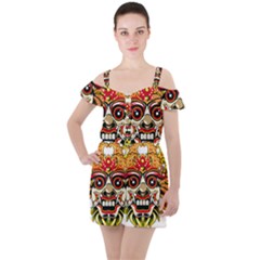 Bali Barong Mask Euclidean Vector Chiefs Face Ruffle Cut Out Chiffon Playsuit by Sudhe