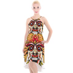 Bali Barong Mask Euclidean Vector Chiefs Face High-low Halter Chiffon Dress  by Sudhe