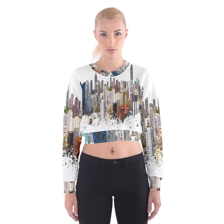 Hong Kong Skyline Watercolor Painting Poster Cropped Sweatshirt