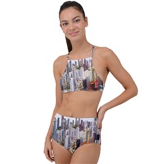 Hong Kong Skyline Watercolor Painting Poster High Waist Tankini Set