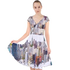 Hong Kong Skyline Watercolor Painting Poster Cap Sleeve Front Wrap Midi Dress by Sudhe