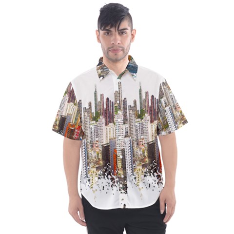 Hong Kong Skyline Watercolor Painting Poster Men s Short Sleeve Shirt by Sudhe