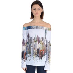 Hong Kong Skyline Watercolor Painting Poster Off Shoulder Long Sleeve Top