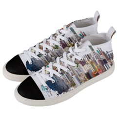 Hong Kong Skyline Watercolor Painting Poster Men s Mid-top Canvas Sneakers by Sudhe