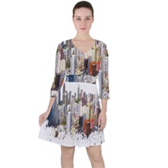 Hong Kong Skyline Watercolor Painting Poster Ruffle Dress by Sudhe