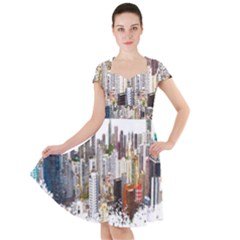 Hong Kong Skyline Watercolor Painting Poster Cap Sleeve Midi Dress