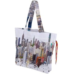 Hong Kong Skyline Watercolor Painting Poster Drawstring Tote Bag by Sudhe