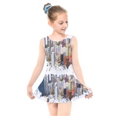 Hong Kong Skyline Watercolor Painting Poster Kids  Skater Dress Swimsuit