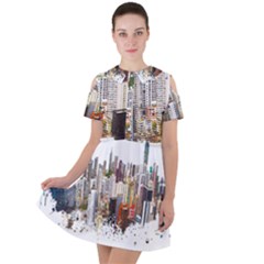 Hong Kong Skyline Watercolor Painting Poster Short Sleeve Shoulder Cut Out Dress  by Sudhe