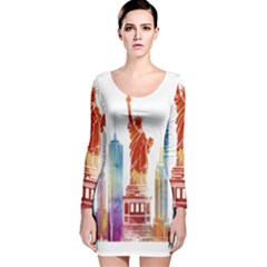 New York City Poster Watercolor Painting Illustrat Long Sleeve Velvet Bodycon Dress by Sudhe