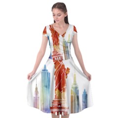 New York City Poster Watercolor Painting Illustrat Cap Sleeve Wrap Front Dress by Sudhe