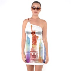 New York City Poster Watercolor Painting Illustrat One Soulder Bodycon Dress by Sudhe