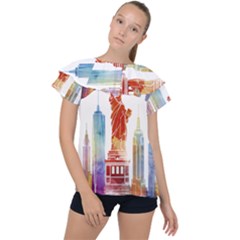 New York City Poster Watercolor Painting Illustrat Ruffle Collar Chiffon Blouse