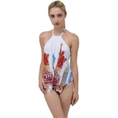 New York City Poster Watercolor Painting Illustrat Go With The Flow One Piece Swimsuit