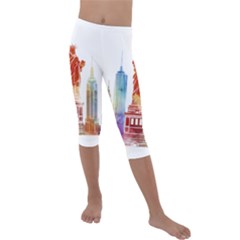 New York City Poster Watercolor Painting Illustrat Kids  Lightweight Velour Capri Leggings  by Sudhe