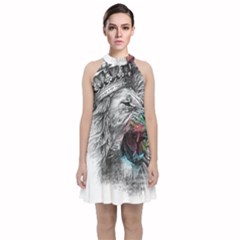 Lion King Head Velvet Halter Neckline Dress  by Sudhe