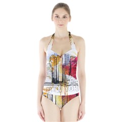 New York City Skyline Vector Illustration Halter Swimsuit by Sudhe