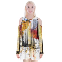 New York City Skyline Vector Illustration Velvet Long Sleeve Shoulder Cutout Dress by Sudhe