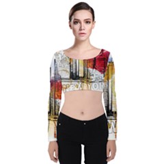 New York City Skyline Vector Illustration Velvet Long Sleeve Crop Top by Sudhe