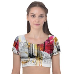 New York City Skyline Vector Illustration Velvet Short Sleeve Crop Top  by Sudhe