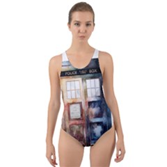 Tardis Doctor Who Transparent Cut-out Back One Piece Swimsuit by Sudhe