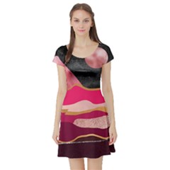 Pink And Black Abstract Mountain Landscape Short Sleeve Skater Dress