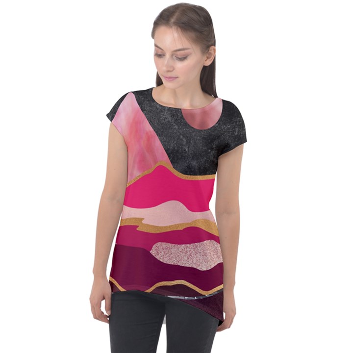 Pink and black abstract mountain landscape Cap Sleeve High Low Top