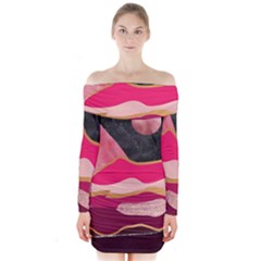 Pink And Black Abstract Mountain Landscape Long Sleeve Off Shoulder Dress by charliecreates