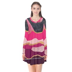 Pink And Black Abstract Mountain Landscape Long Sleeve V-neck Flare Dress