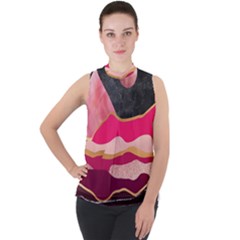 Pink And Black Abstract Mountain Landscape Mock Neck Chiffon Sleeveless Top