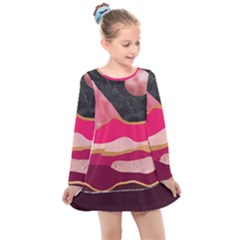 Pink And Black Abstract Mountain Landscape Kids  Long Sleeve Dress