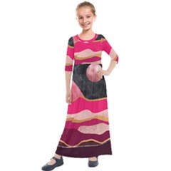 Pink And Black Abstract Mountain Landscape Kids  Quarter Sleeve Maxi Dress