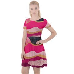 Pink And Black Abstract Mountain Landscape Cap Sleeve Velour Dress 