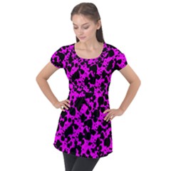 Black And Pink Leopard Style Paint Splash Funny Pattern Puff Sleeve Tunic Top