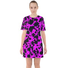 Black And Pink Leopard Style Paint Splash Funny Pattern Sixties Short Sleeve Mini Dress by yoursparklingshop