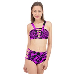 Black And Pink Leopard Style Paint Splash Funny Pattern Cage Up Bikini Set