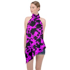 Black And Pink Leopard Style Paint Splash Funny Pattern Halter Asymmetric Satin Top