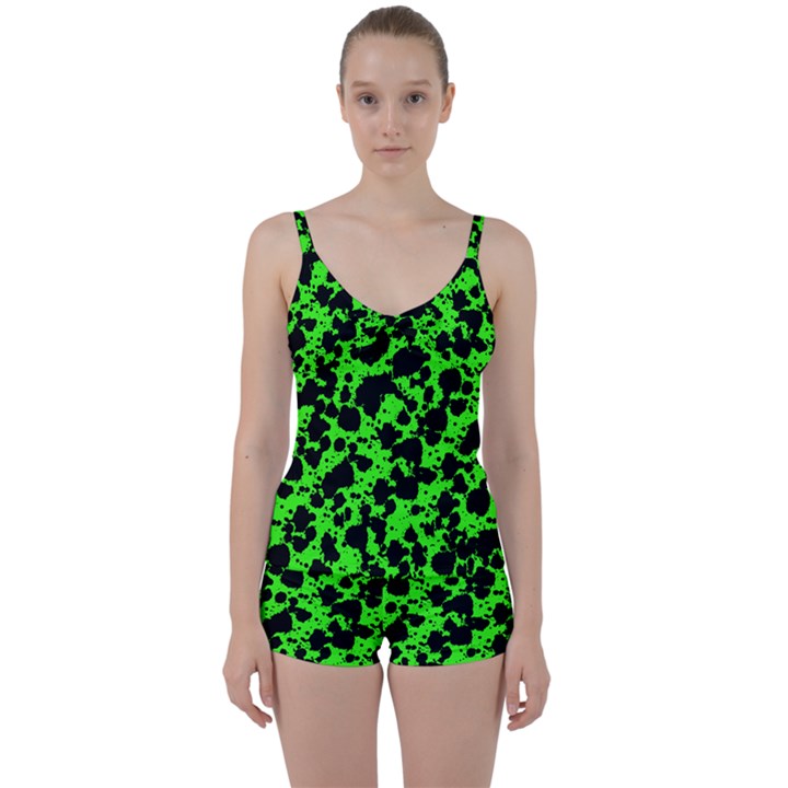 Black and Green Leopard Style Paint Splash Funny Pattern Tie Front Two Piece Tankini